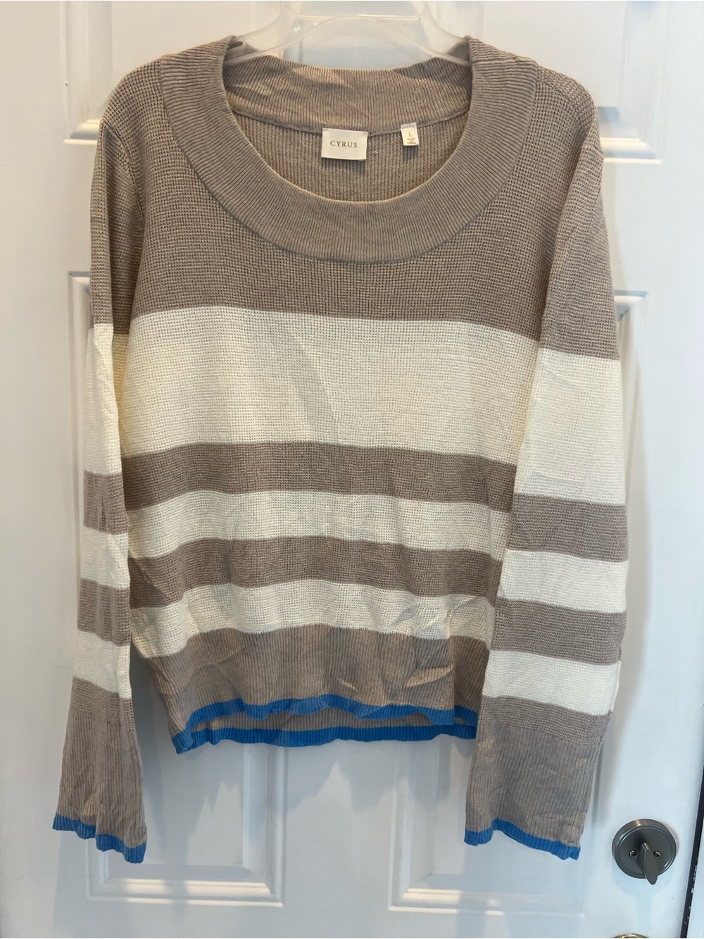 Cyrus Long Sleeve Striped Knit Crew Neck Sweater Beige/ White Green Size L # 969